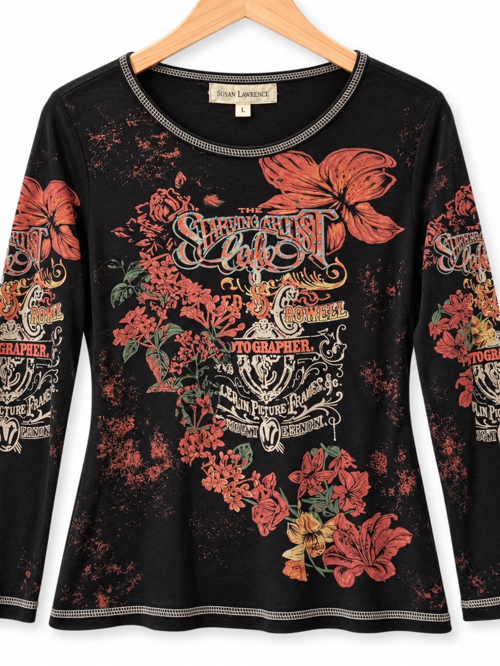 Susan Lawrence Y2K Rhinestone Floral Graphic Top Black Size L Whimsigoth
